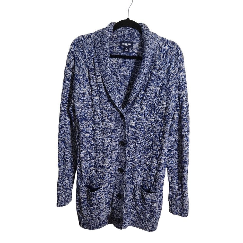 Lands' End Drifter Shawl Collar CableKnit Grandpa Cardigan Sweater Navy Size M